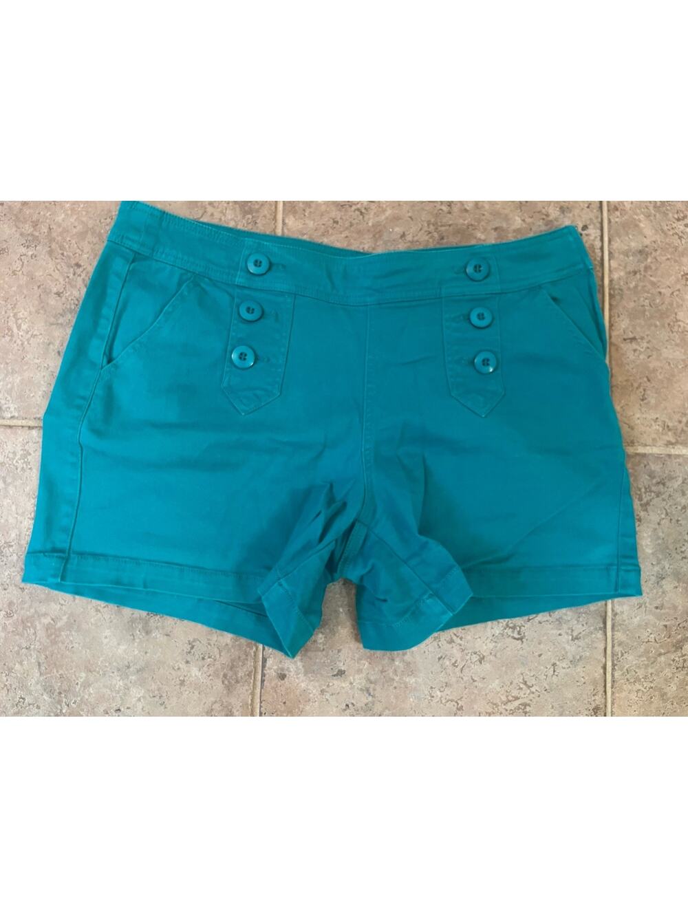 New York & Co 8 Teal Sailor Shorts Double-Row Button Detail Side Zip Stretch 4"
